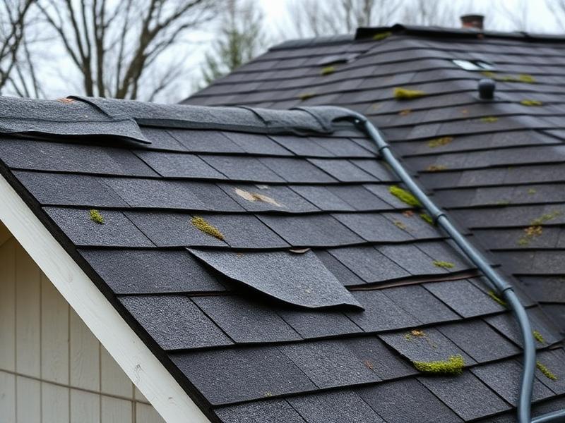 Aged asphalt roof with moss growth and curling shingles before replacement