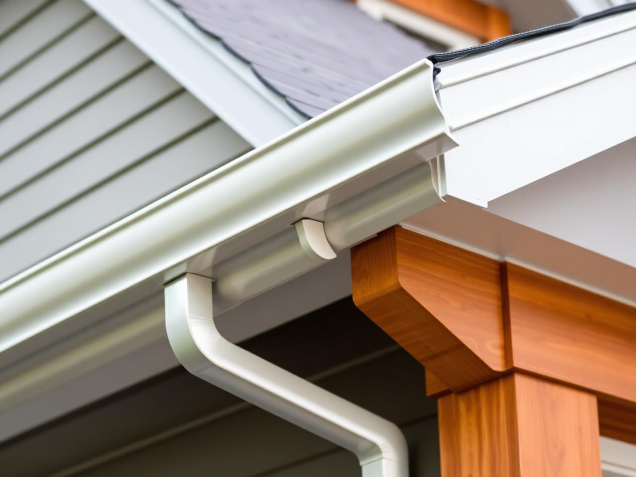 Close-up of new seamless aluminum gutters and downspout on craftsman eave