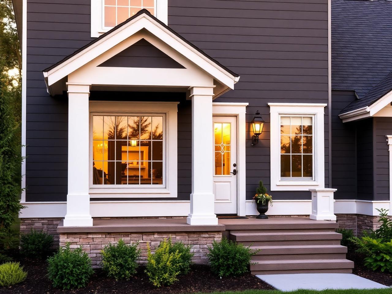 Craftsman home exterior with new charcoal fiber-cement siding and white trim