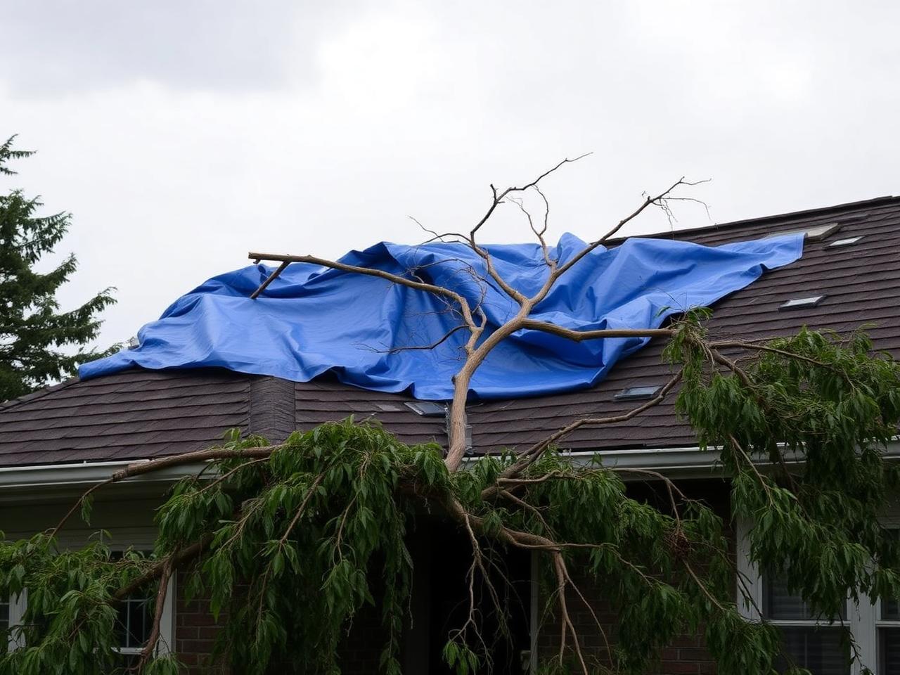Storm-damaged roof with emergency blue tarp and fallen branch